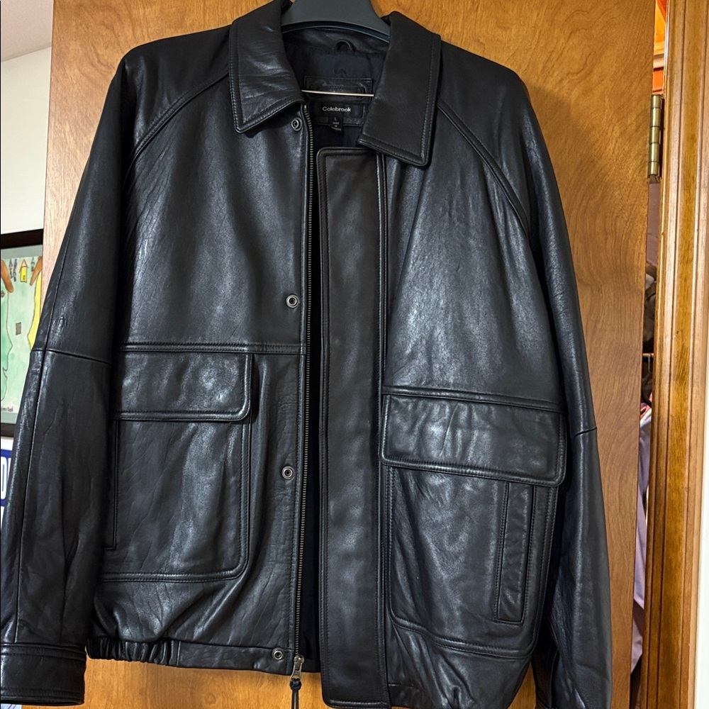 Colebrook Mens Buttery Black Leather Bomber Jacket Coat Size Large zip lined